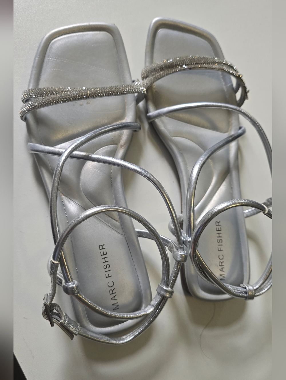 Marc Fisher Silver Strappy Rhinestone-Embellished Sandals